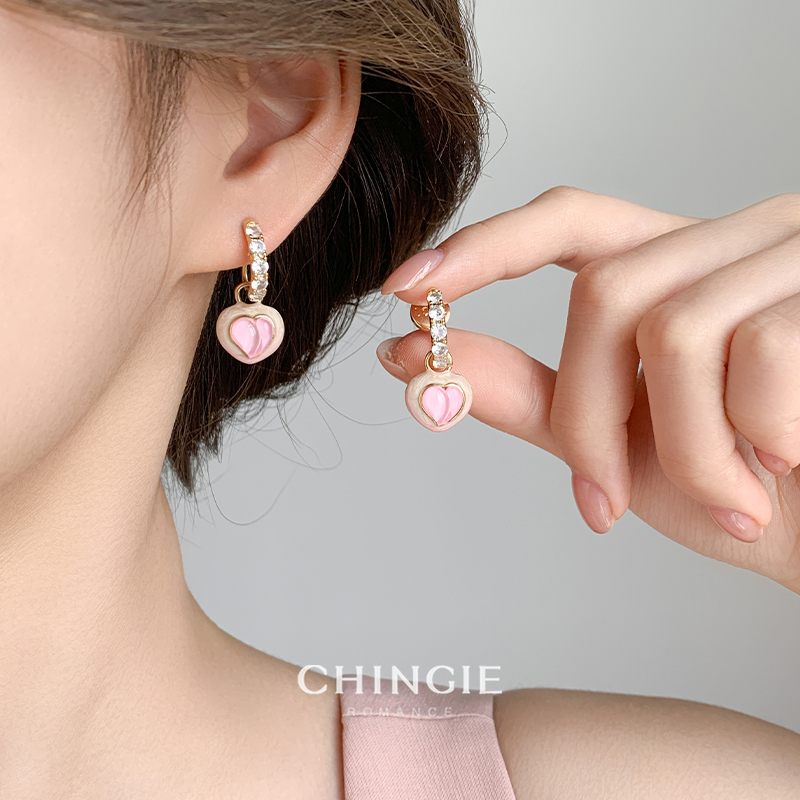 青芥粉色桃子爱心耳夹耳环
