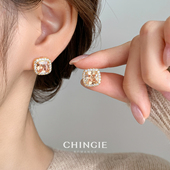 「青芥」超闪精致锆石小方糖水晶耳环秋冬高级感耳饰女无耳洞耳夹