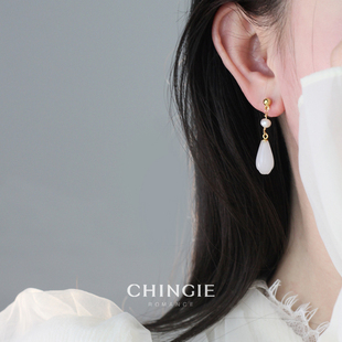 「青芥」新中式 水滴白玉兰吊坠耳环天然珍珠玉髓耳钩无耳洞耳夹女
