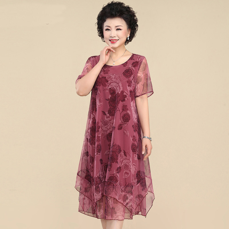 妈妈夏装雪纺连衣裙中年女洋气2024新款中老年人夏季短袖气质裙子