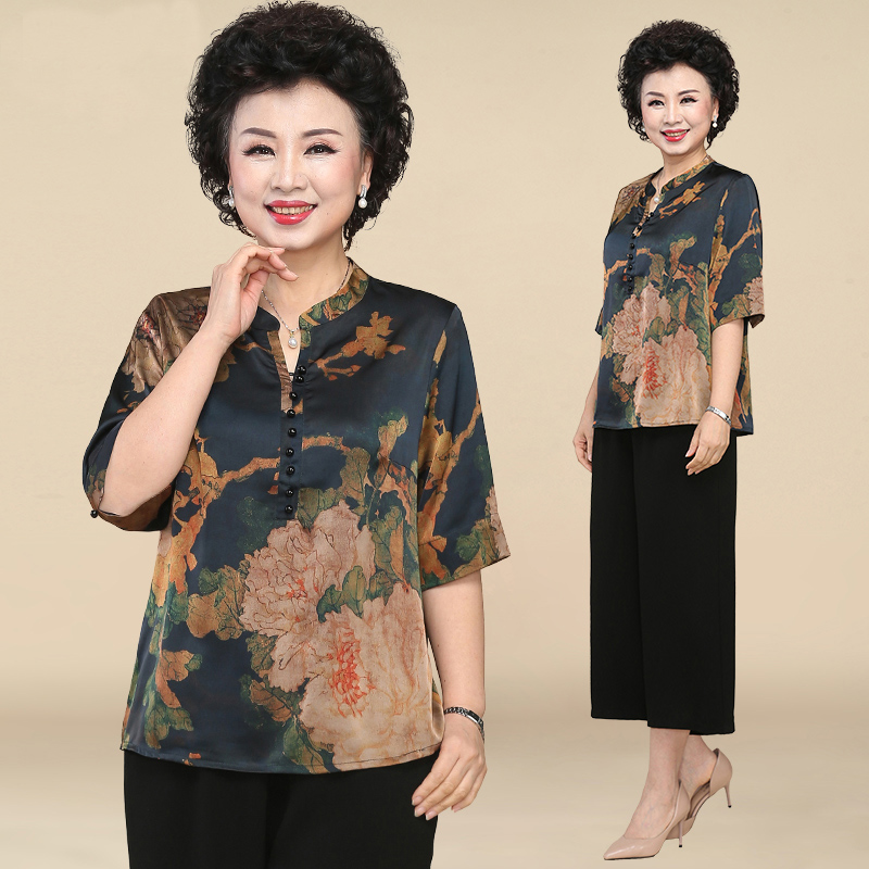 中老年妈妈夏装短袖套装洋气上衣50岁60老人衣服女奶奶夏季雪纺衫