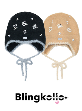 Blingkolio不另可满天星烫钻毛线帽黑色