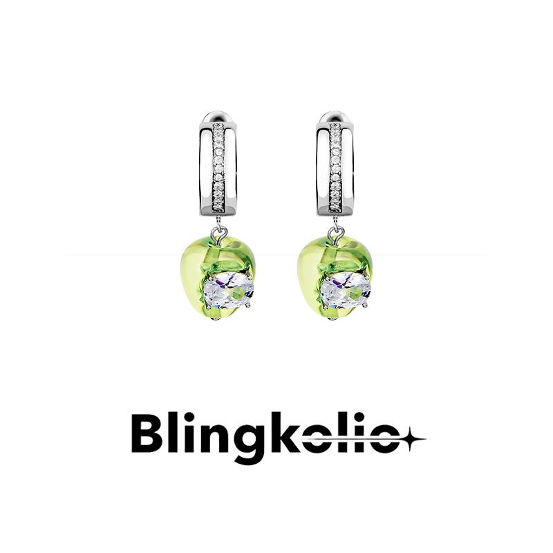 Blingkolio原创设计青苹果气泡水水钻耳圈清新小众