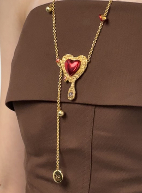 Blingkolio不另可 原创设计金色复古vintage红色爱心珐琅水晶项链