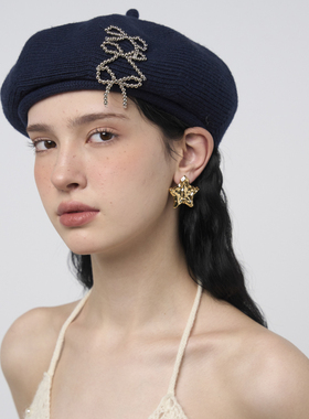 Blingkolio不另可时髦百搭蓝色蝴蝶结钉珠针织贝雷帽