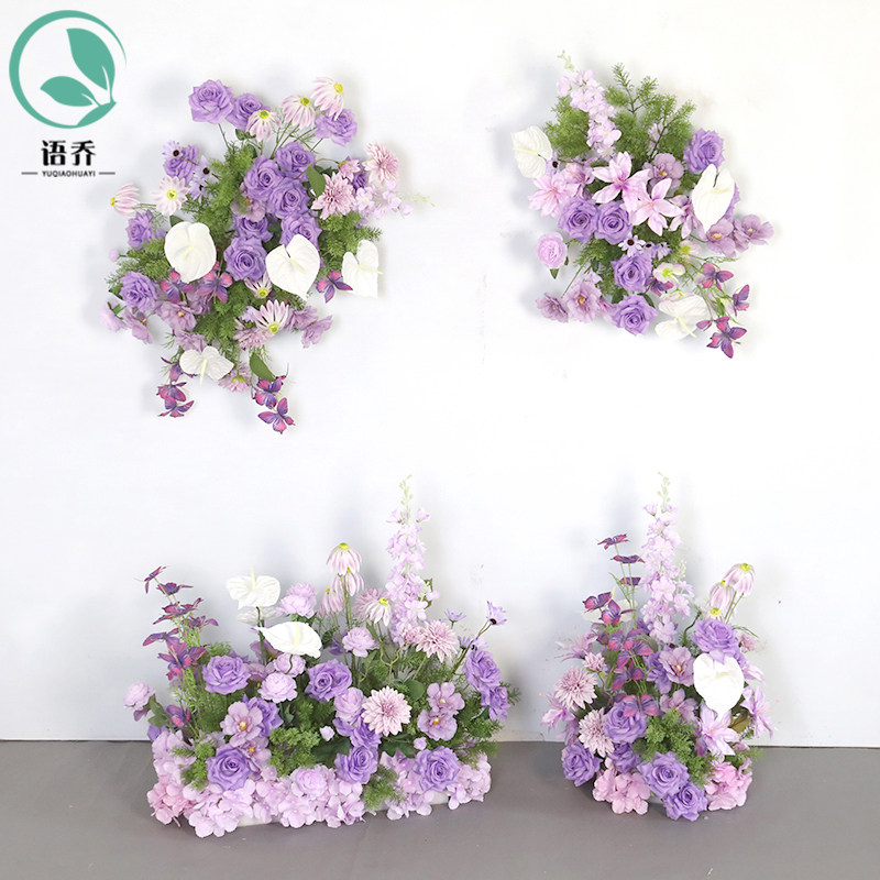 婚礼装饰紫色壁挂花艺 KT板墙面摄影背景布置仿真绢花挂花地排花