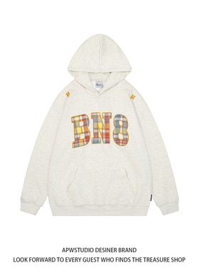 APWSTUDIO美式复古格子贴布刺绣连帽卫衣男女春秋慵懒风情侣帽衫