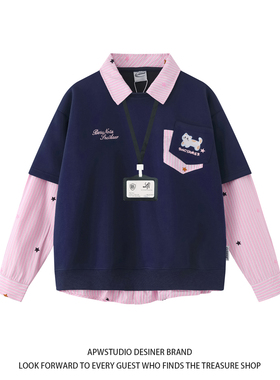 APWSTUDIO小猫刺绣假两件翻领卫衣男女秋季宽松情侣学院风POLO衫