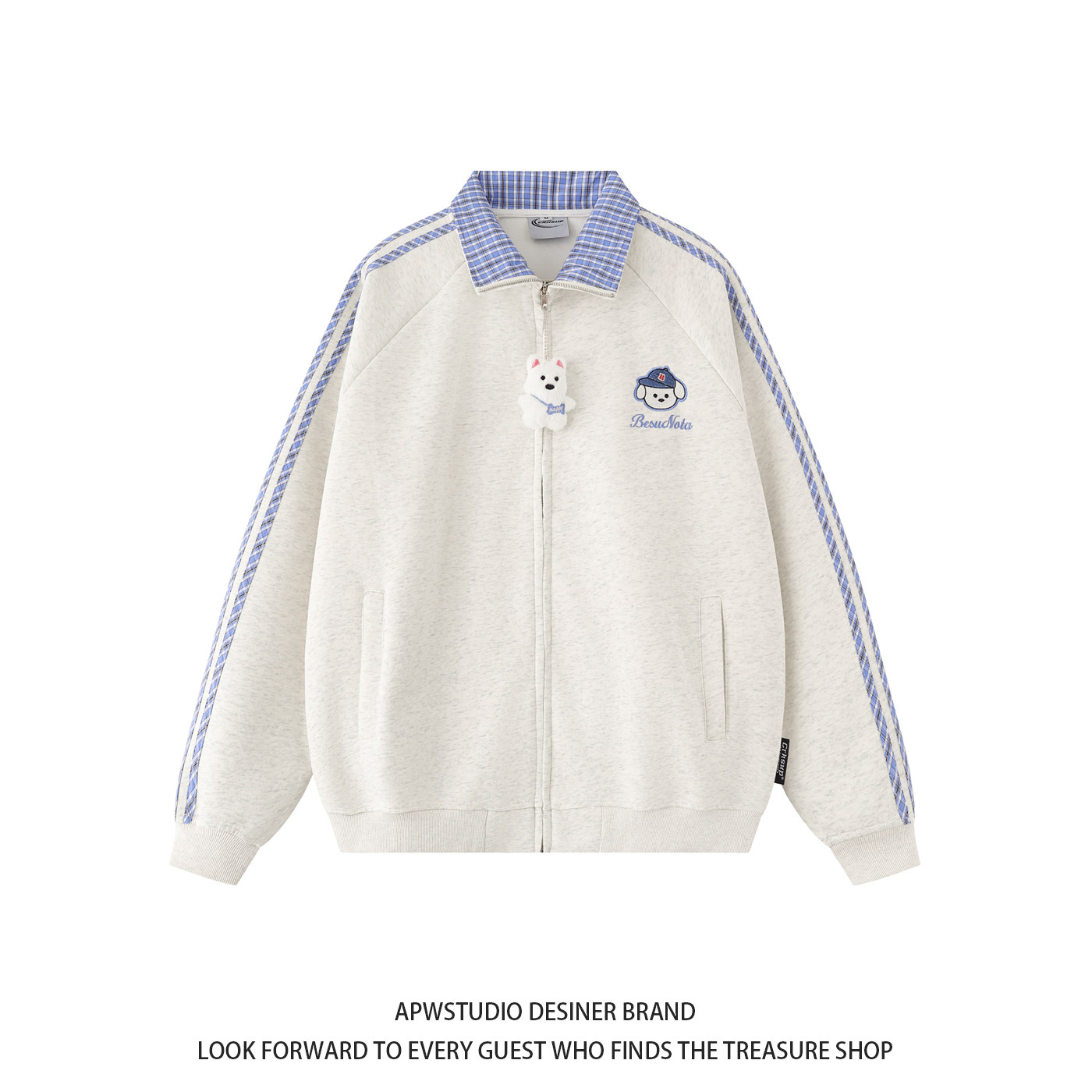 APWSTUDIO美式格纹小狗刺绣开衫外套男女春秋薄款POLO领情侣卫衣