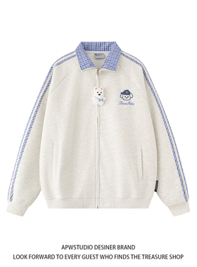 APWSTUDIO美式格纹小狗刺绣开衫外套男女春秋薄款POLO领情侣卫衣