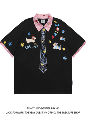 美式学院风可爱小狗印花短袖polo衫女夏季复古假两件宽松半袖t恤