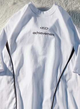 APWSTUDIO美式新拼接运动套头五分袖上衣男女夏季潮牌宽松短袖T恤