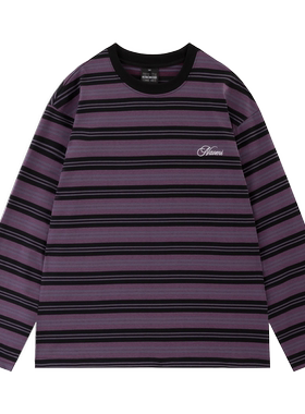 日系复古紫色条纹长袖T恤男女春秋季宽松休闲百搭纯棉情侣上衣tee