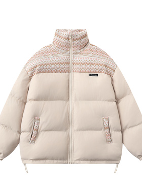 秋冬季潮牌民族风复古拼接立领棉服外套男女宽松百搭加厚保暖棉衣