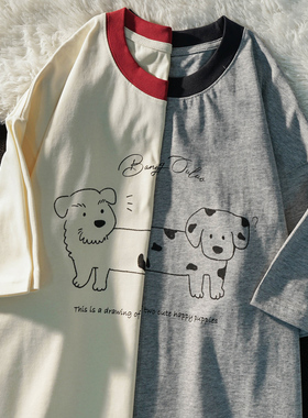 APWSTUDIO美式可爱小狗涂鸦拼色短袖t恤夏季宽松情侣重磅半袖上衣