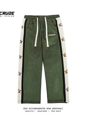 松紧腰环保麂皮绒美式复古卫裤男秋季情侣宽松情侣休闲运动长裤潮