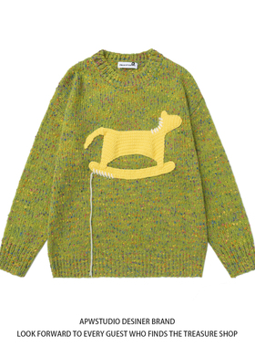 APWSTUDIO绿色圆领毛衣女秋冬季日系慵懒风设计感小众狗狗针织衫