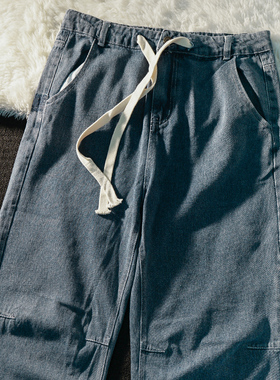 APWSTUDIO潮牌街头嘻哈抽绳牛仔裤子男女秋季复古宽松休闲直筒裤