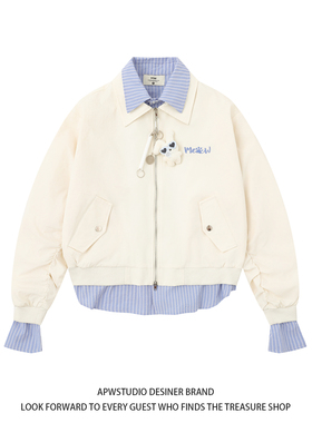 2025 秋季新款韩系小狗假两件拼接格子外套女条纹拼色百搭夹克潮