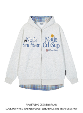 APWSTUDIO美式字母刺绣连帽卫衣女春秋宽松假两件设计感潮牌外套