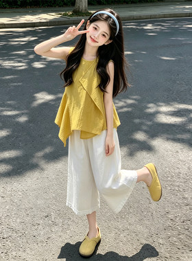 女童夏装新款洋气无袖七分裤夏季套装黄色中大童时尚休闲儿童网红