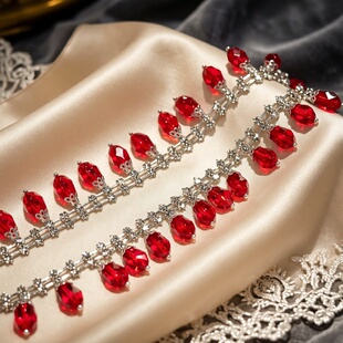 双排水钻链红色水晶镶钻链条diy手工服装头饰女百搭装饰腰链配件