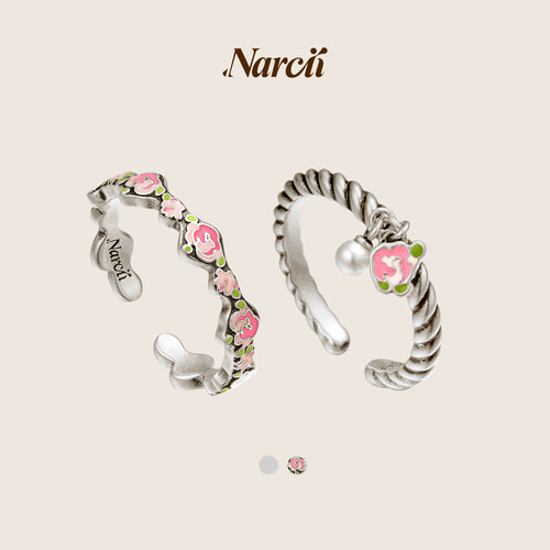 NARCII 「玫瑰碎花环叠戴戒指」复古手绘冷珐琅指环生日礼物 新品