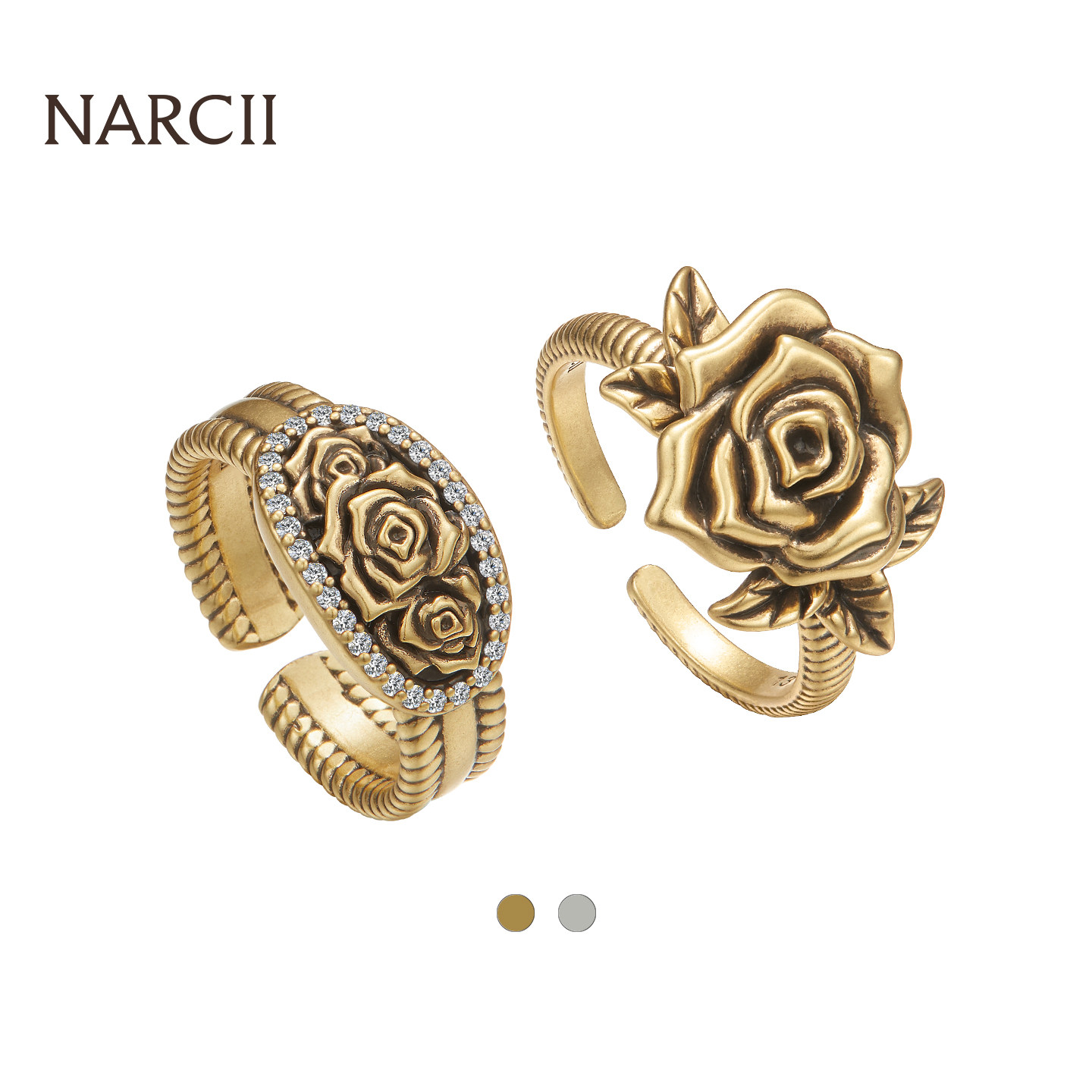 NARCII 「玫瑰花束戒指组合」复古做旧玫瑰戒指指环生日礼物新品图片