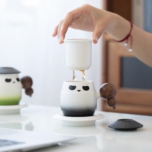熊猫陶瓷马克杯办公室泡茶杯茶水分离杯创意茶杯女生高颜值