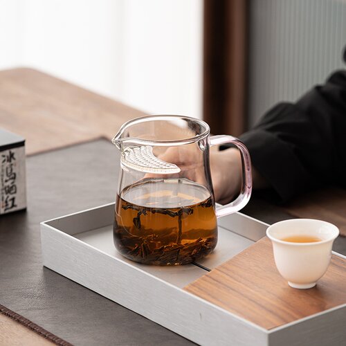 日式月牙玻璃公道杯加厚耐热家用透明茶水分离自带过滤公道杯茶海