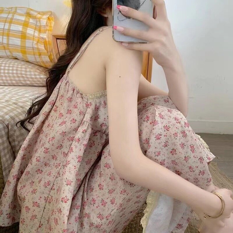 夏季带胸垫复古小碎花吊带长裤睡衣女网红团购家居服