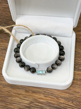 沧海灵晶原创设计平安喜乐天然银曜石灰月光s925银手链男女