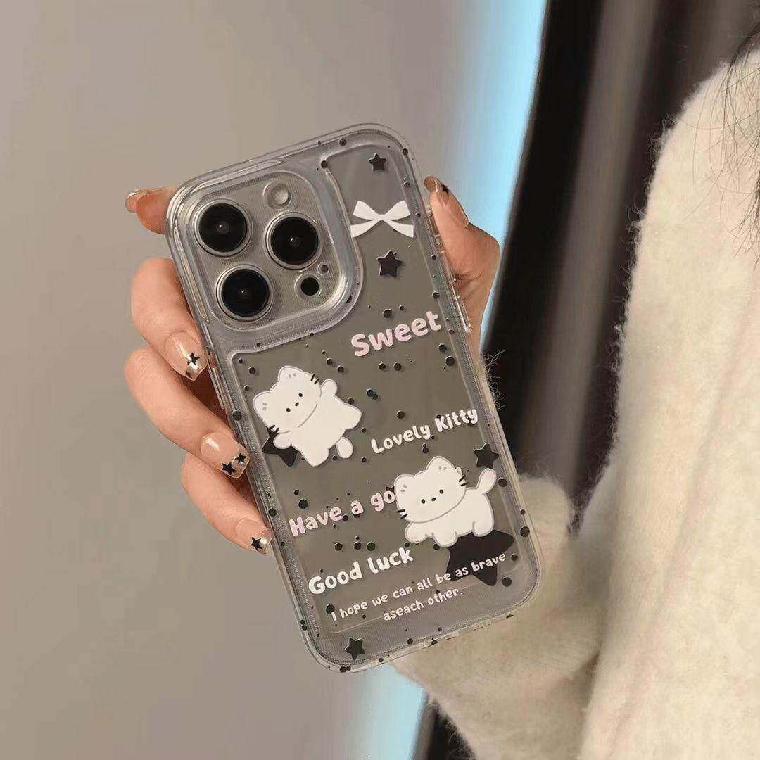 墨点黑星白猫适用苹果17promax太空手机壳iPhone16/15/14/13/12全包透明AIR华为P70vivo小米17oppo防摔软壳潮