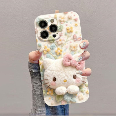 仿绒鲜花凯蒂适用苹果17promax菲林手机壳iPhone16pro新款15/14/13pro小众创意vivo华为P70小米17oppo女款套