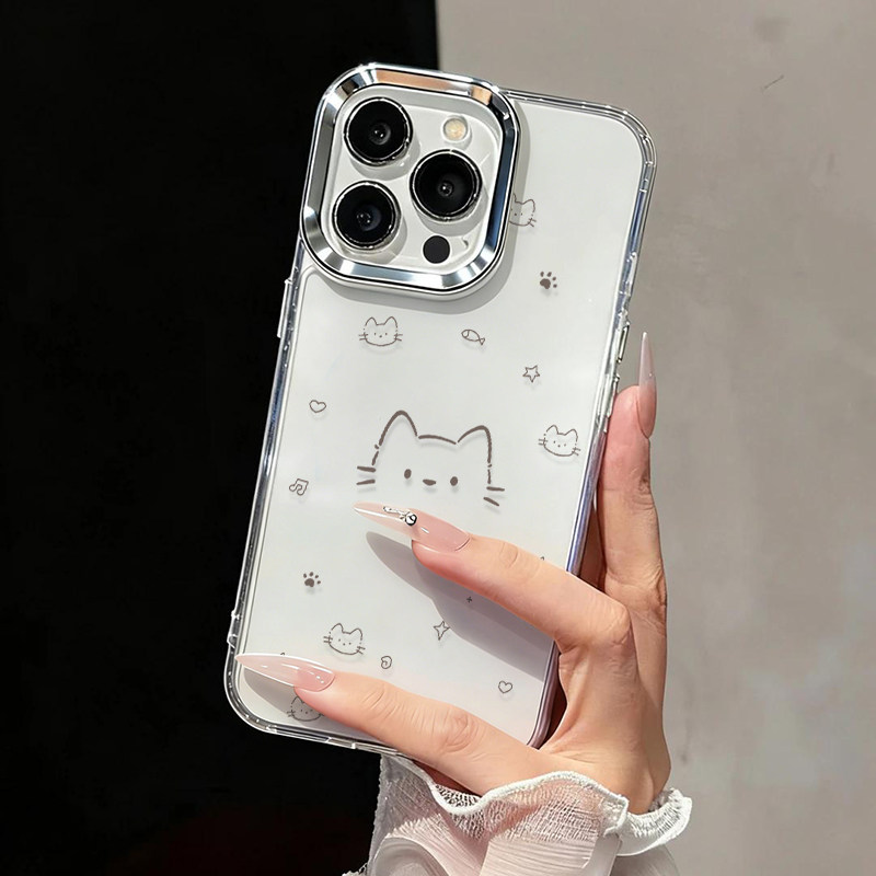 线条星星猫咪适用苹果17/16promax高级金属按键镜框手机壳iPhone15pro透明软壳vivo华为小米17oppo防摔保护套