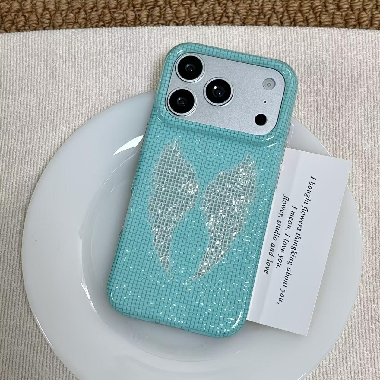 格子翅膀适用于苹果17promax大孔钻石纹手机壳iPhone16pro/15pro女款时尚14promax/13pro/12创意11保护套