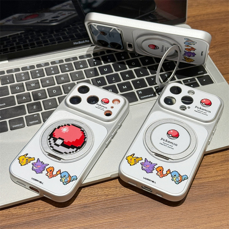 趣味像素宝可梦支架适用苹果17/16promax电镀手机壳iPhone15/14pro防摔AIR华为p70vivo小米17oppo磨砂保护套