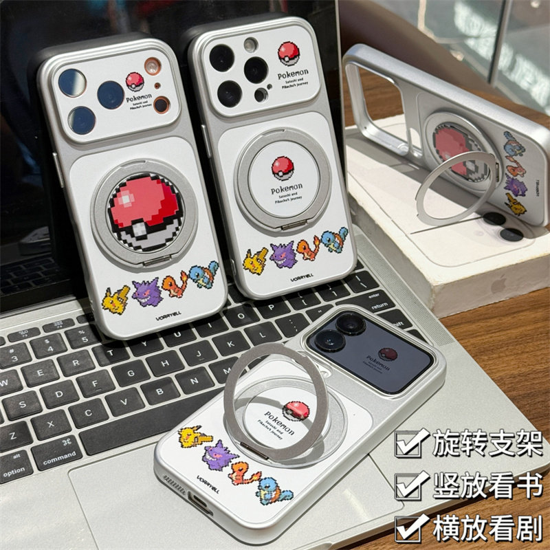 动漫像素宝可梦支架适用苹果17/16promax电镀手机壳iPhone15/14pro防摔AIR华为p70vivo小米17oppo磨砂保护套