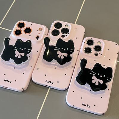 粉底波点黑猫支架适用iPhone16pro苹果17promax菲林手机壳16plus个性创意AIR新款13pro华为P70vivo小米15oppo