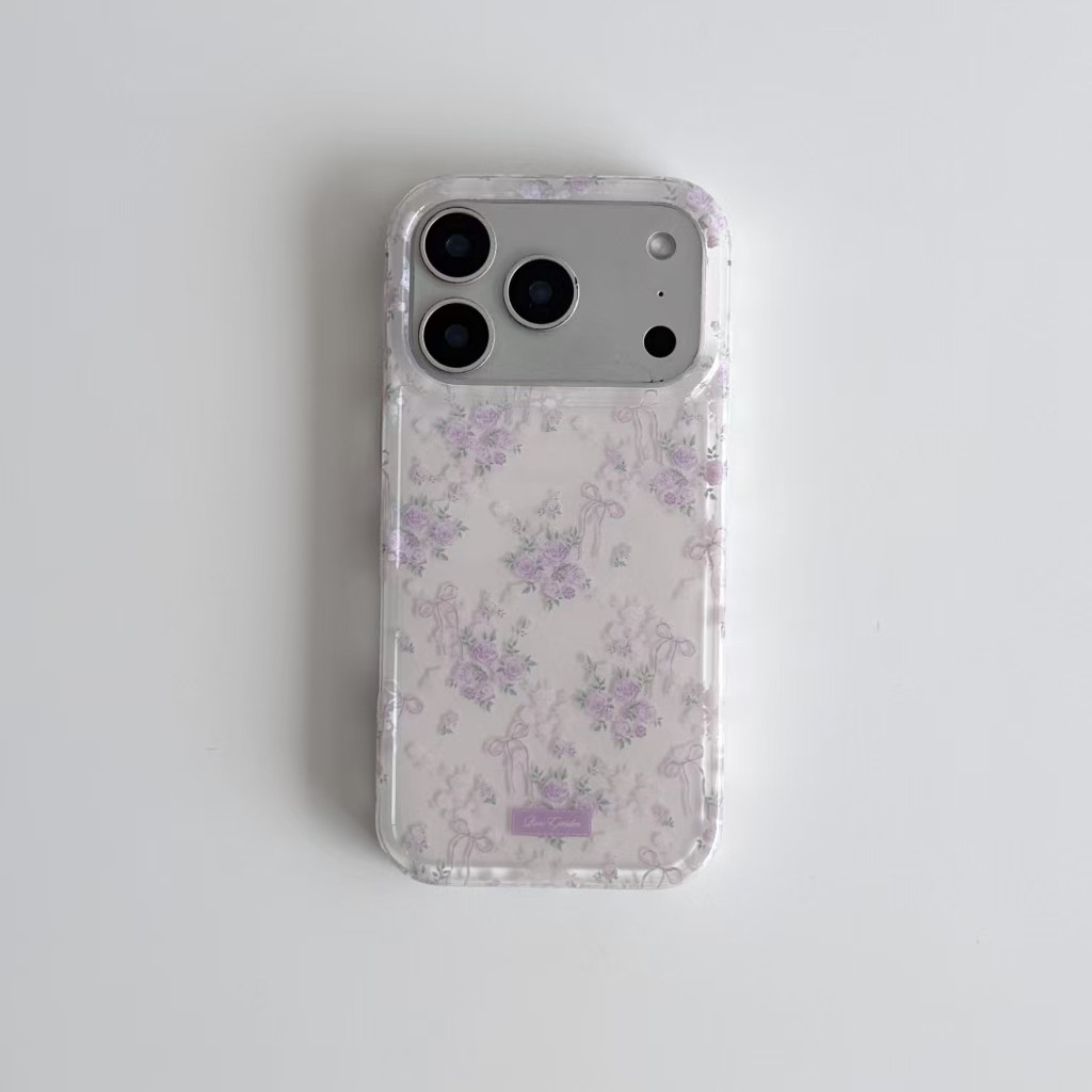 蝴蝶结紫碎花适用苹果17promax手机壳iPhone16pro卡通新款15/14/13pro双层保护vivo华为P70小米17oppo女款套