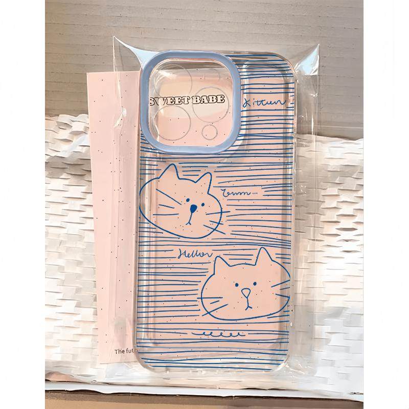 蓝素描猫头适用苹果17promax太空手机壳iPhone16/15/13全包透明14AIR华为P70vivo小米15oppo11防摔软壳潮保护