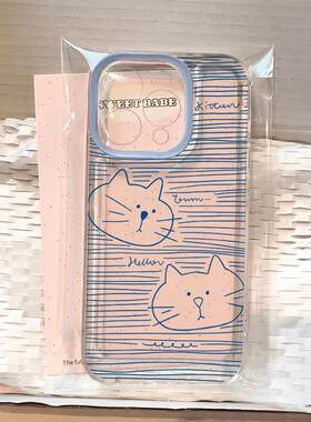 蓝素描猫头适用苹果17promax太空手机壳iPhone16/15/13全包透明14AIR华为P70vivo小米15oppo11防摔软壳潮保护