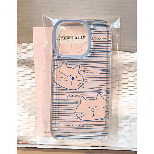 蓝素描猫头适用苹果17promax太空手机壳iPhone16/15/13全包透明14AIR华为P70vivo小米15oppo11防摔软壳潮保护