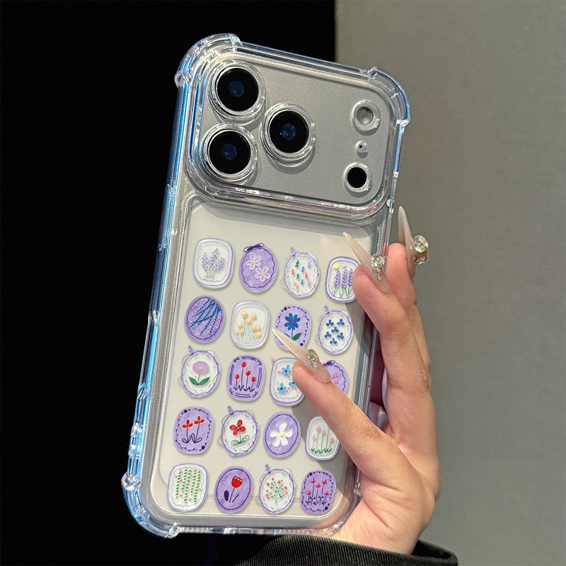 紫色宫格花朵适用苹果17promax四角防摔气囊手机壳iPhone16/15/14/13pro全包透明vivo华为P70小米17oppo软套