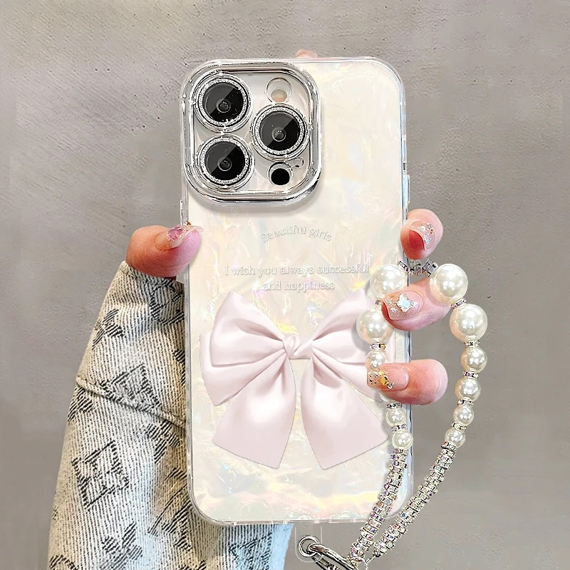 粉蝴蝶结珠链适用苹果17promax轻奢高级贝壳纹手机壳iPhone16pro清新15pro小众创意14/13pro全包防摔12女款11