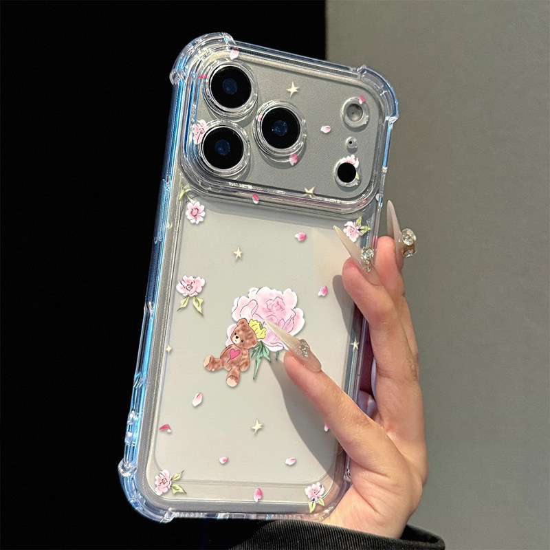 粉花小熊适用苹果17promax四角防摔气囊手机壳iPhone16/15/14/13pro全包透明vivo华为P70小米17男女oppo软套