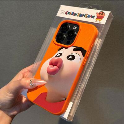 嘟嘟嘴小新适用iPhone16promax/15promax/16pro/15pro荔枝纹苹果16plus防摔手机壳14pro/13pro/12pro/12/11套