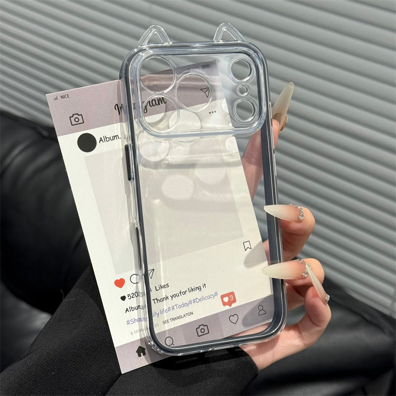 马卡龙立体猫耳适用苹果17/16promax二合一手机壳iPhone15pro大视窗透明14/13promax新款16plus/15/14软壳套