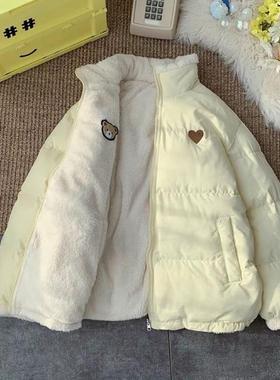 奶黄色新款面包服棉衣外套女韩系加绒加厚两面可穿温柔风奶甜棉服