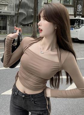 性感方领打底衫女设计感小众2025秋装内搭长袖t恤修身抽绳上衣潮